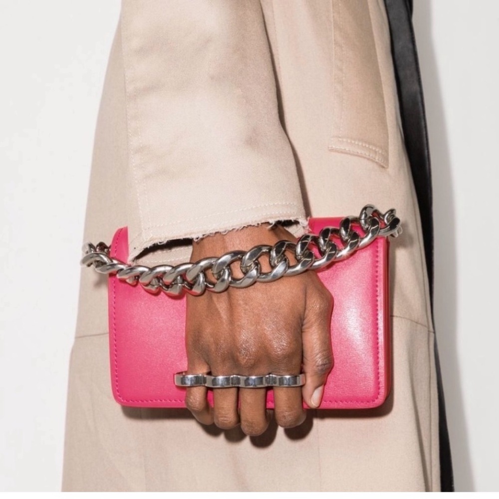 Alexander McQueen Neon Pink Leather Chain Evening Knuckle Clutch NWT